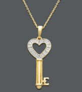 Unlock sweet secrets with this elegant key pendant. Crafted in 18k gold over sterling silver, necklace features round-cut diamond (1/10 ct. t.w.) and a heart key design. Approximate length: 18 inches. Approximate drop: 1-1/4 inches.