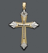 A stylish way to show your faith. Pendant features a shapely cross crafted in 14k gold and rhodium over 14k gold. Approximate pendant width: 1/2 inch. Approximate pendant length: 2-1/4 inches.