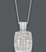 A pendant that stuns with its sparkling simplicity. Crafted from dozens of round and baguette-cut diamonds (1 ct. t.w.) and strung from a delicate, 14k white gold chain and setting, this style is perfectly suited for any occasion. Approximate length: 18 inches. Approximate drop: 3/4 inch.