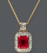 Royalty-inspired resplendence. A baguette-cut ruby (1-9/10 ct. t.w.) and surrounding diamonds (1/2 ct. t.w.) by Effy Collection ignite any look. Set in 14k gold. Approximate length: 18 inches. Approximate drop length: 3/4 inch. Approximate drop width: 1/2 inch.