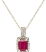 A touch of crimson. This brilliant-hued pendant features an emerald-cut ruby (1 ct. t.w.) surrounded by round-cut diamonds (1/5 ct. t.w.). Set in 14k gold. Approximate length: 18 inches. Approximate drop: 5/8 inch.