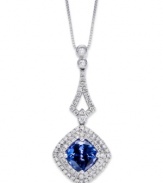 Sparkling perfection. This chic, cushion-shaped pendant features a tanzanite center stone (1 ct. t.w.) surrounded by rows of round-cut diamonds (1/3 ct. t.w.). Set in 14k white gold. Approximate length: 18 inches. Approximate drop: 1 inch.