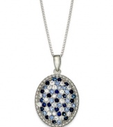 A mosaic of blue. Light and dark round-cut sapphires (1-1/6 ct. t.w.) adorn this pretty oval-shaped pendant. Setting and box chain crafted in sterling silver. Approximate length: 18 inches. Approximate drop: 1 inch.