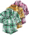 Trendy plaid flannel shirt in fun assorted bright colors by Planet Gold.