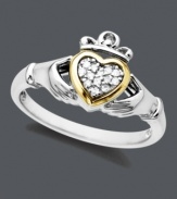 Revel in Irish elegance. Ring features a beautiful Claddagh design set in sterling silver.  A rich 14k gold heart cradles sparkling round-cut diamonds. Size 7.