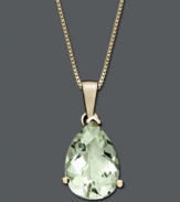 Add a splash of springtime color to your look. This elegant pendant feature a pear-cut green quartz (2-3/4 ct. t.w.) set in 14k gold. Approximate length: 18 inches. Approximate drop: 3/4 inch.