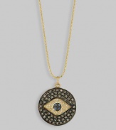 Believed by many cultures to be an amulet that protects one from harm, the evil eye is even more powerful when encrusted with diamonds, as in this shimmering 14k gold medallion with an iris of sapphires. 14k gold oval ball chain 0.45 tcw diamonds 0.03 tcw sapphires About ½ diam. medallion 16 long chain Lobster claw clasp Imported