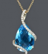 Wrap up your look in a stylish, blue hue. Effy Collection pendant features a pear-cut blue topaz (5-7/8 ct. t.w.) cradled in swirls of round-cut diamonds (1/6 ct. t.w.). Chain and setting crafted in 14k gold. Approximate length: 18 inches. Approximate drop width: 1/2 inch. Approximate drop length: 1 inch.