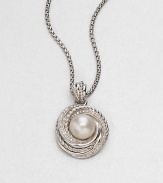 From the Pearl Crossover Collection. A luminous freshwater pearl surrounded by a swirl of dazzling diamonds and sleek sterling silver cables on a box chain. Freshwater pearlDiamonds, .28 tcwSterling silverLength, about 17-18 adjustablePendant size, about .4Lobster clasp closureImported