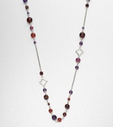 From the Bijoux Collection. A beautiful mix of semi-precious beads and sterling silver clover links on a long box link chain. Amethyst, carnelian, garnet, red tiger's eye, amber and Indian rubySterling silverLength, about 40Toggle closureImported 