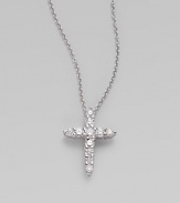 A simply beautiful 18k white gold cross encrusted in dazzling diamonds. Diamonds, .39 tcw 18k white gold Chain length adjust from about 16 to 18 Pendant size, about ½ Lobster clasp closure Made in Italy 