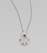 From the Tiny Treasures Collection. Sparkling diamond pavé with a single sapphire accent in an iconic Hamsa design.Diamond, 0.14 tcw Blue sapphire 18k white gold Adjustable length, about 16 - 18 Pendant length, about ½ Lobster clasp closure Made in Italy