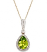 Pear-hued perfection. This stunning pendant features a pretty teardrop shape that shines with the addition of pear-cut peridot (1-7/8 ct. t.w.) edged with diamond accents. Set in 14k gold. Approximate length: 18 inches. Approximate drop: 5/8 inch.