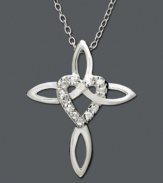 A unique spin on the traditional cross necklace. This pendant features a round-cut diamond (1/10 ct. t.w.) encrusted heart woven into a cross. Set in sterling silver. Approximate length: 18 inches. Approximate drop: 1 inch.