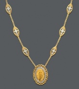 Divine elegance. Mi Joya Divina's stunning pendant necklace features the Virgin Mary adorned with marquise-shaped cross charms. Crafted in 14k gold with sparkling, round-cut diamonds (1/5 ct. t.w.). Approximate length: 18 inches. Approximate drop length: 1 inch. Approximate drop width: 7/10 inch.