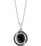 Adorn your neckline with sweet, swirling sparkle. This oval-shaped pendant highlights an onyx gemstone at center (8 mm x 10 mm) with surrounding rows of round-cut white diamonds (1/2 ct. t.w.) and black diamond accents. Set in sterling silver. Approximate length: 18 inches. Approximate drop: 1 inch.