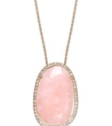 Pink polish. This beautiful asymmetrical pink opal (10-1/4 ct. t.w.) pops against a sparkling round-cut diamond frame (1/4 ct. t.w.). Set in 14k rose gold over sterling silver. Approximate length: 18 inches. Approximate drop: 3/4 inch.