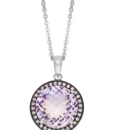 Punctuate your look with pastels. This stunning sterling silver necklace highlights a round-cut natural pink amethyst (7-1/5 ct. t.w.) and a halo of round-cut purple Swarovski zirconias (1/2 ct. t.w.). Approximate length: 18 inches. Approximate drop: 3/4 inch.