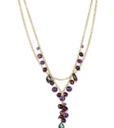 Luminous and chic. Multicolored cultured freshwater pearls (6-9 mm) and dimension, while amethyst gemstones (15-1/10 ct. t.w.) add sparkle in this pretty 2-row necklace. Set in 18k gold over sterling silver. Approximate length: 17 inches. Approximate drop: 2 inches.