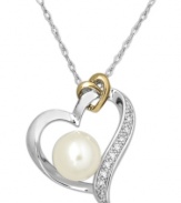 Symbolic and sparkling, this pretty cultured freshwater pearl (8 mm) pendant matches perfectly with any outfit, while diamond accents add shine. Crafted in sterling silver and 14k gold. Approximate length: 18 inches. Approximate drop: 3/4 inch.