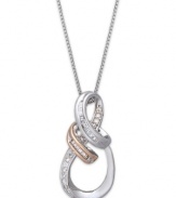 Make a clean sweep. The elegant swirls and exotic shine of baguette and round-cut diamonds (1/10 ct. t.w.) make this unique pendant necklace a true standout. Crafted in sterling silver with 14k rose gold accents. Approximate length: 18 inches. Approximate drop: 3/4 inch.