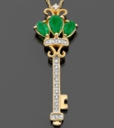 This sparkling & stylish key pendant showcases gorgeous round-cut emerald (3/4 ct. t.w.) highlighted by round-cut diamond (1/10 ct. t.w.) set in 14k gold. Approximate length: 18 inches. Approximate drop: 1-1/4 inches.