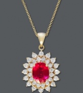 Royally inspiring. Effy Collection's stunning crimson necklace highlights an oval-cut ruby (1-9/10 ct. t.w.) surrounded by round-cut diamonds (1 ct. t.w.). Set in 14k gold. Approximate length: 18 inches. Approximate drop length: 1 inch. Approximate drop with: 2/3 inch.