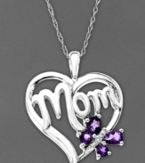 Make Mother's Day magical this year. This stunning heart pendant features the word Mom with a splash of pear-cut amethyst (1/2 ct. t.w.) and diamond accents. Set in sterling silver. Approximate length: 18 inches. Approximate drop: 1/2 inches.