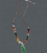 Natural selection. Avalonia Road's pretty fire agate necklace (40 ct. t.w.) features green, yellow and orange hues strung from a brown leather cord. Clasp and extension chain crafted in sterling silver. Approximate length: 24 inches + 3-inch extender. Approximate drop: 2-1/2 inches.