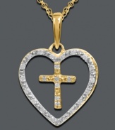 The perfect combination of faith and love. Mi Joya Divina's symbolic pendant features an open-cut heart and cross charm at center. Crafted in 14k gold with round-cut diamonds (1/10 ct. t.w.). Approximate length: 18 inches. Approximate drop length: 8/10 inch. Approximate drop width: 6/10 inch.