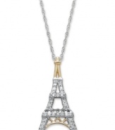 Ooh La La! Every Francophile simply must own this sparkling Eiffel Tower pendant. Crafted in sterling silver with 14k gold accents, this iconic structure receives a dazzling touch with the addition of round-cut diamonds (1/10 ct. t.w.). Approximate length: 18 inches. Approximate drop: 8/10 inch.