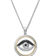 Ward away evil spirits in style! This stunning evil eye pendant features an intricate, cut-out setting that shines with sparkling, round-cut white diamonds (1/10 ct. t.w.) and black diamond accents. Comes with a matching rope chain. Crafted in 14k gold and sterling silver for ultimate versatility. Approximate length: 18 inches. Approximate drop: 9/10 inch.