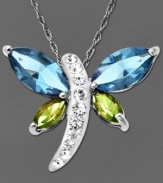 The flutter effect. The dazzling blue and green crystal wings, and a crystal-coated body comprise Kaleidoscope's sweet dragonfly pendant. Set in sterling silver with Swarovski Elements. Approximate length: 18 inches. Approximate drop: 3/4 inch.