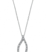 Make a wish! This good luck wishbone pendant shines with the addition of round-cut diamonds (1/10 ct. t.w.). Set in sterling silver with a rhodium-plated chain. Approximate length: 18 inches. Approximate drop length: 2/3 inch. Approximate drop width: 1/3 inch.