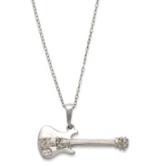 Embrace your inner rock diva. This polished pendant features a diamond-accented (1/10 ct. t.w.) guitar in sterling silver. Approximate length: 18 inches. Approximate drop length: 2/3 inch. Approximate drop width: 1 inch.