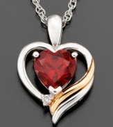 This pretty pendant is exploding with love. Round-cut garnet (1-3/8 ct. t.w) and diamond accents are set in 14k gold and sterling silver. Approximate length: 18 inches. Approximate drop: 3/4 inch.