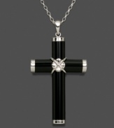 A dramatic interpretation of a traditional cross pendant. Tubular black onyx (7 mm) wrapped in sterling silver accents makes quite an impact. Necklace crafted in sterling silver. Approximate length: 18 inches. Approximate drop:1-1/4 inches.