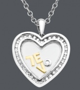 A pendant that creates a picturesque puzzle. Jumbled letters spell out how much you care in this creative piece. Heart features channel-set round-cut diamond (1/8 ct. t.w.) at the outer edges with 14k gold letters in a sterling silver setting. Approximate length: 18 inches. Approximate drop: 9/10 inch.