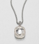 From the Noblesse Collection. A beautifully faceted rectangular white topaz surrounded in dazzling diamond set in sterling silver on a box link chain. White topazDiamonds, .3 tcwSterling silverLength, about 17Pendant size, about .5Lobster clasp closureImported 