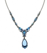 A tasteful tear drop pendant creates a fashionable focal point for 2028's Y necklace. Crafted in hematite tone mixed metal with sapphire-hued crystals. Approximate length: 16 inches + 3-inch extender. Approximate drop: 1-1/4 inches.