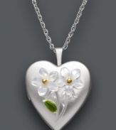 The perfect place for your tiniest keepsakes. This pretty pendant features a working locket design with engraved and painted floral details. Crafted from Mother of Pearl (8 mm) set in sterling silver with 14k gold accents. Approximate length: 18 inches. Approximate drop: 1 inch.