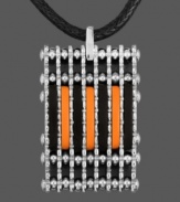 Active wear in accessory form. This sporty men's pendant features a stainless steel rectangular shape accented by black and orange resin and strung from a black cotton cord. Approximate length: 24 inches. Approximate pendant length: 1-1/4 inches. Approximate pendant width: 6/10 inch.