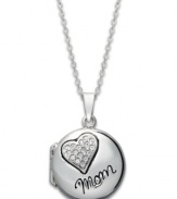 A truly personal touch. This Mother's Day, surprise her with a keepsake heart locket. This heart pendant is crafted in sterling silver with sparkling crystal accents and a pretty Mom engraving. Approximate length: 18 inches. Approximate drop: 9/10 inch.