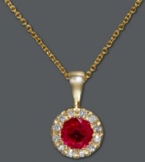 Crimson chic. Effy Collection's stunning circle pendant features a round-cut ruby (3/8 ct. t.w.) surrounded by a halo of sparkling diamond accents. Setting and chain crafted in 14k gold. Approximate length: 18 inches. Approximate drop: 1/2 inch.