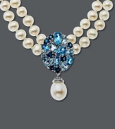 Two rows of shimmer and shine. This polished style features pear-cut blue topaz (4 ct. t.w.), sparkling white topaz accents and strands of cultured freshwater pearls (8 mm x 10mm). Set in sterling silver. Approximate length: 17 inches. Approximate drop: 1-1/4 inches.