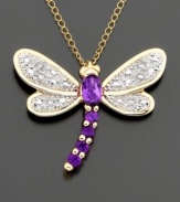 Dazzling dragonfly. A whimsical 14k gold pendant with round and oval-cut amethysts (1/4 ct. t.w.) and sparkling diamond-accented wings. Chain measures 18 inches.