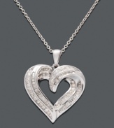 Spell your love in sparkle. This open-cut heart pendant features a smooth sterling silver setting with glittering round-and-baguette-cut diamonds (1/2 ct. t.w.). Approximate length: 18 inches. Approximate drop: 1 inch.