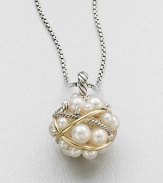 From the Pearl Collection. This elegant style features a bubble of luminous pearls accented with dazzling diamonds and wrapped in sterling silver and 18k gold on a sterling silver box chain. 3.5mm-7mm white round freshwater pearlsDiamonds, .12 tcw18k goldSterling silverLength, about 32Pendant size, about 1.25Lobster clasp closureImported 