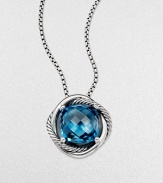 From the Infinity Collection. A beautiful, faceted blue topaz stone set in sleek sterling silver on a box link chain. Blue topazSterling sterlingLength, about 18Pendant size, about .55Lobster clasp closureImported 