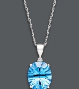 Standout style in cool blue hues. This stunning pendant features an oval-cut blue topaz (5 ct. t.w.) and a sparkling diamond accent. Setting and chain crafted in 14k white gold. Approximate length: 16 inches. Approximate drop: 3/4 inch.